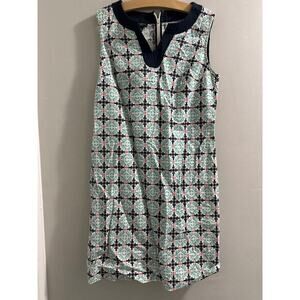 Talbots Linen Teal Blue Geometric Print Shift Dress‎ Size 4P Petite